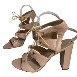 Vince Camuto Block Heel Lace-Up Sandals Studded  7.5 Blush Baby Pink Leather